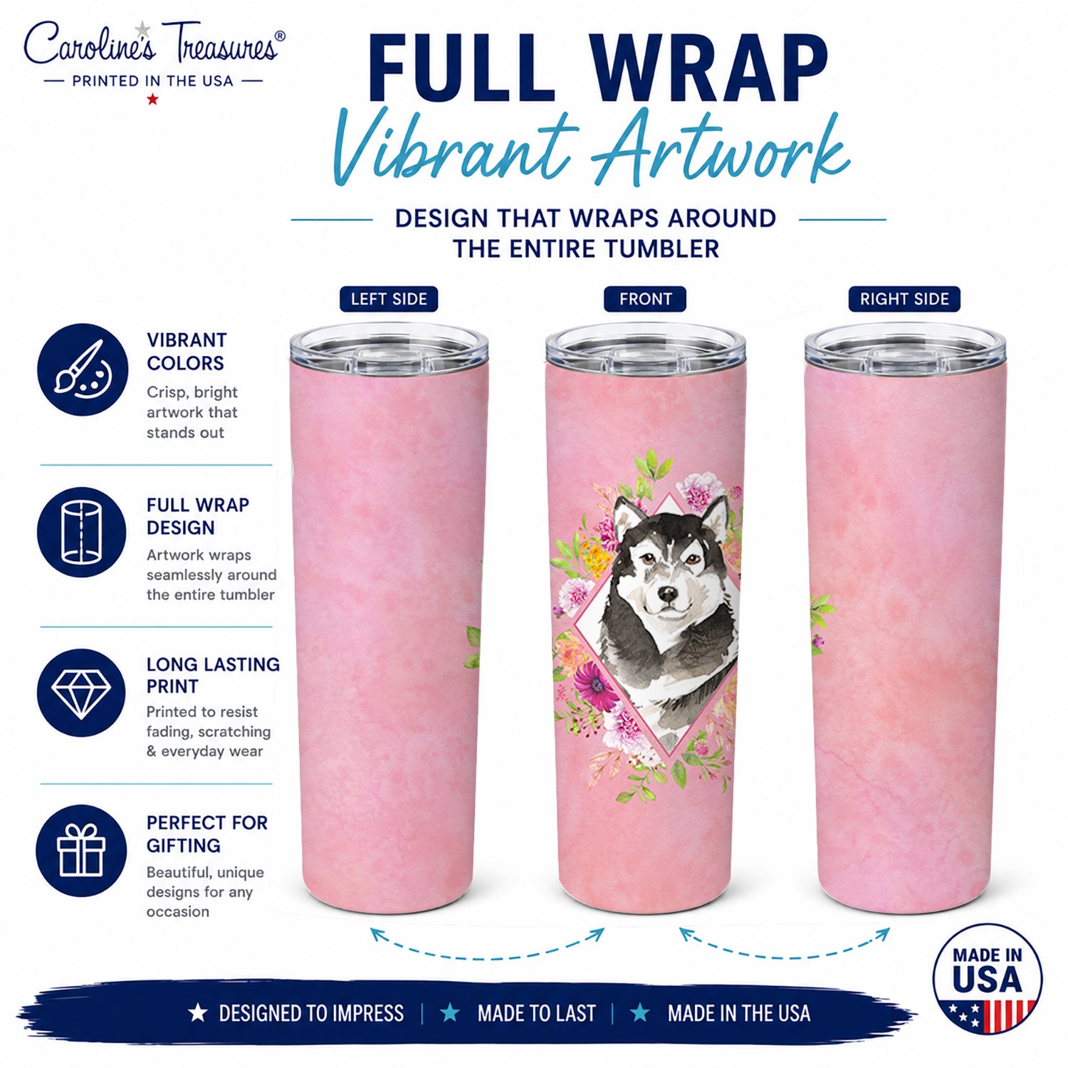 Alaskan Malamute Pink Flowers Stainless Steel Skinny Tumbler 20 oz Vacuum Double Walled Reusable Insulated Travel Cup