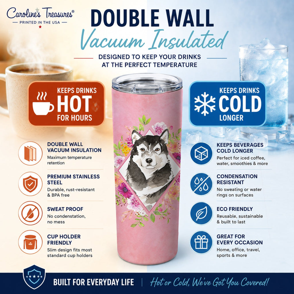 Alaskan Malamute Pink Flowers Stainless Steel Skinny Tumbler 20 oz Vacuum Double Walled Reusable Insulated Travel Cup