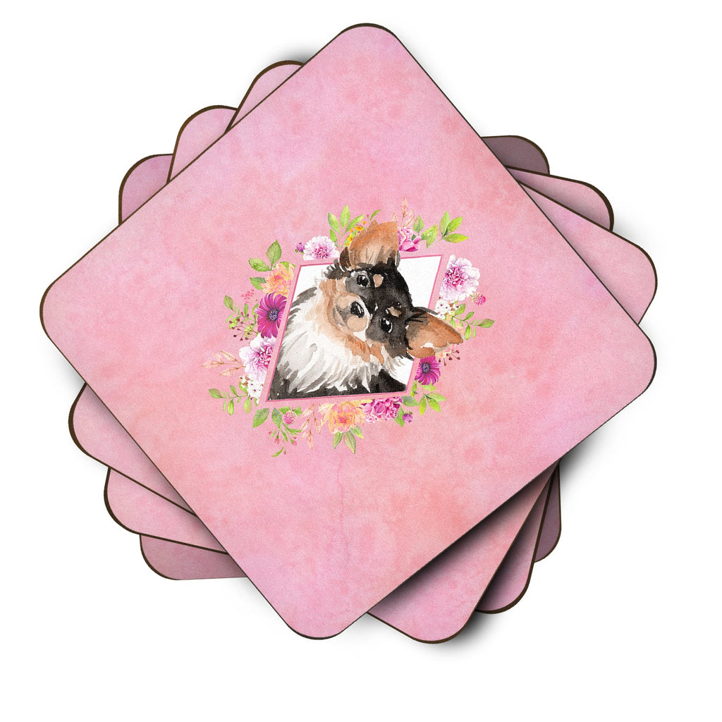 Longhaired Chihuahua Pink Flowers Foam Coasters Set of 4 Cup Coasters for Indoor Outdoor, Tabletop Protection, Anti Slip, Mouse pad Material