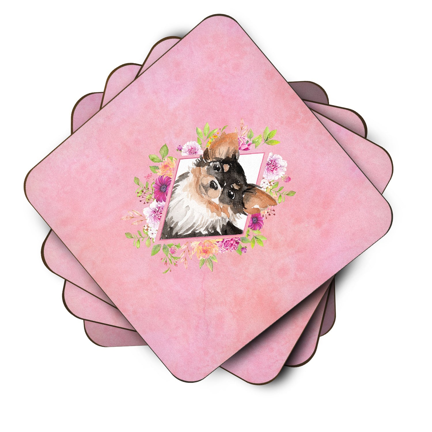 Longhaired Chihuahua Pink Flowers Foam Coasters Set of 4 Cup Coasters for Indoor Outdoor, Tabletop Protection, Anti Slip, Mouse pad Material