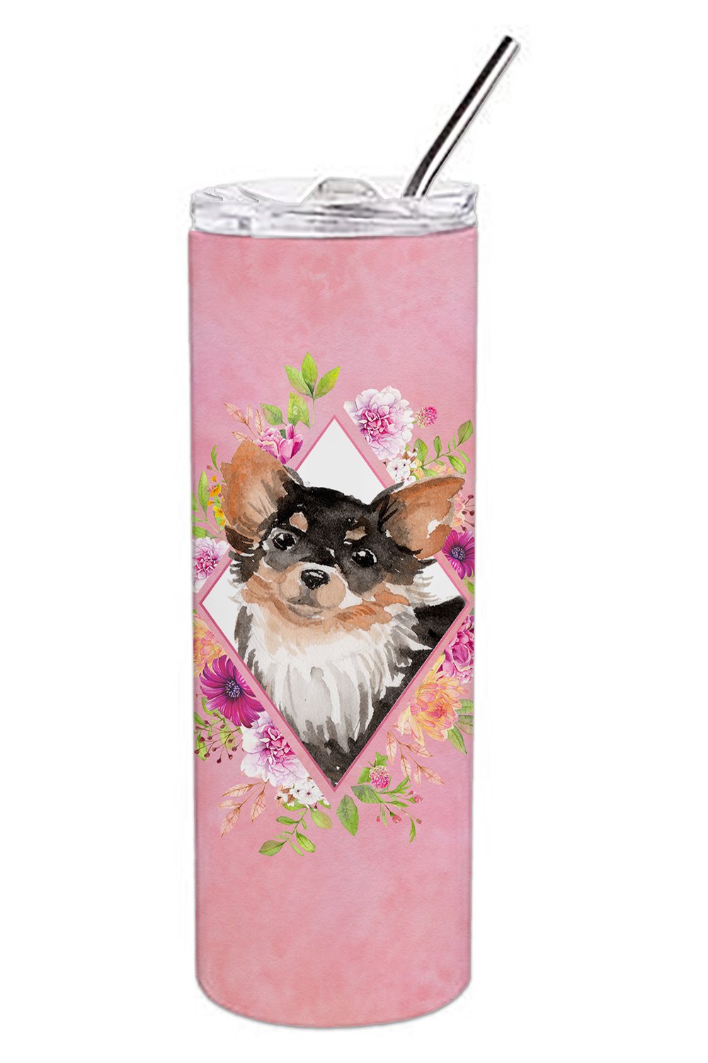 Longhaired Chihuahua Pink Flowers Stainless Steel Skinny Tumbler 20 oz Vacuum Double Walled Reusable Insulated Travel Cup
