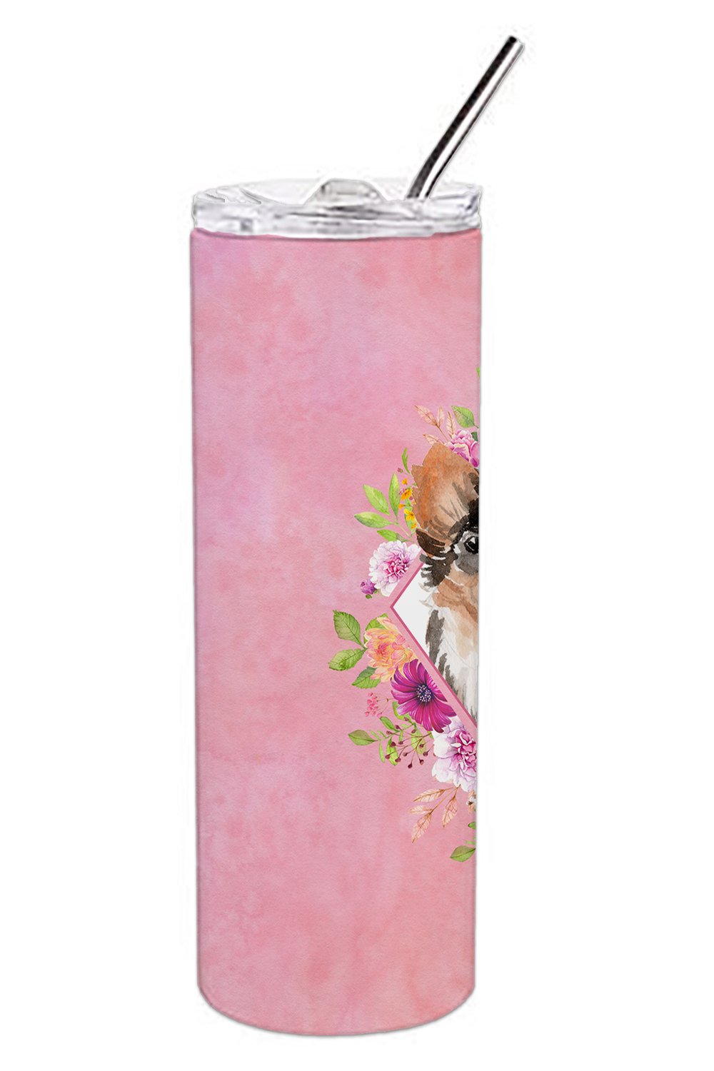 Longhaired Chihuahua Pink Flowers Stainless Steel Skinny Tumbler 20 oz Vacuum Double Walled Reusable Insulated Travel Cup