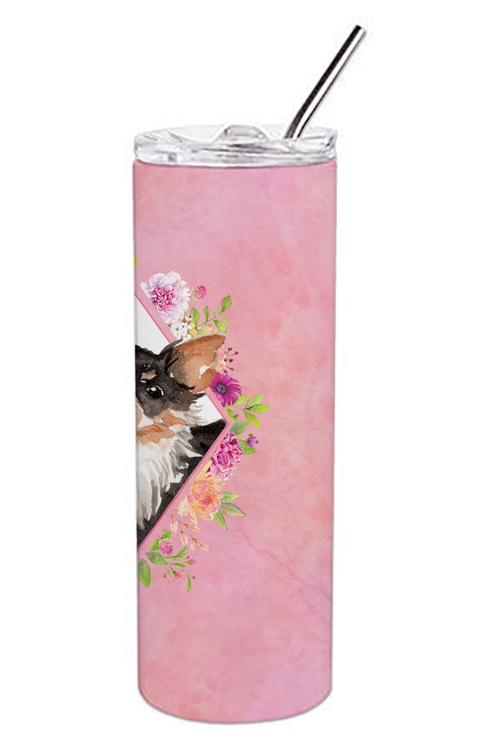 Longhaired Chihuahua Pink Flowers Stainless Steel Skinny Tumbler 20 oz Vacuum Double Walled Reusable Insulated Travel Cup