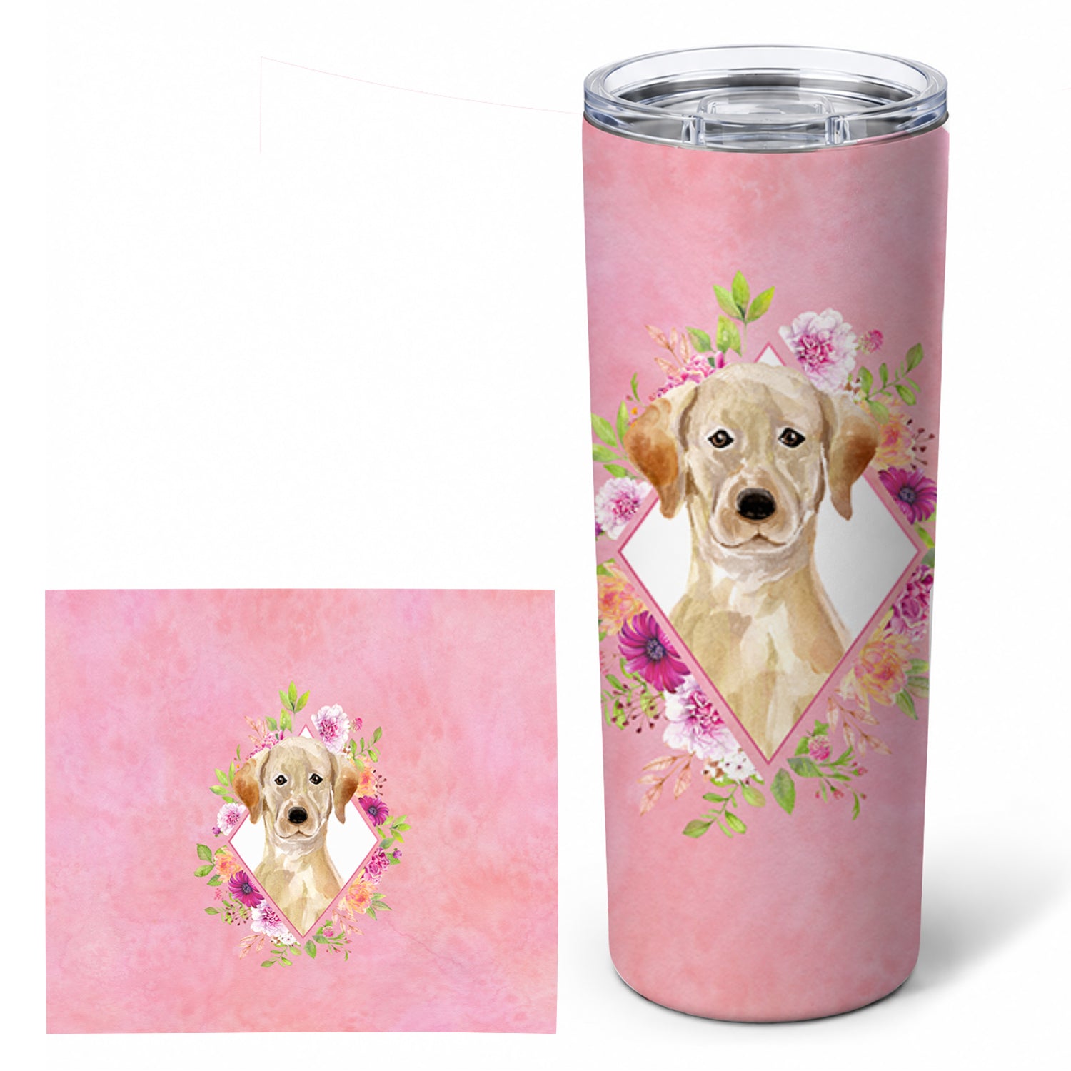 Yellow Lab Pink Flowers Stainless Steel Skinny Tumbler 20 oz Vacuum Double Walled Reusable Insulated Travel Cup