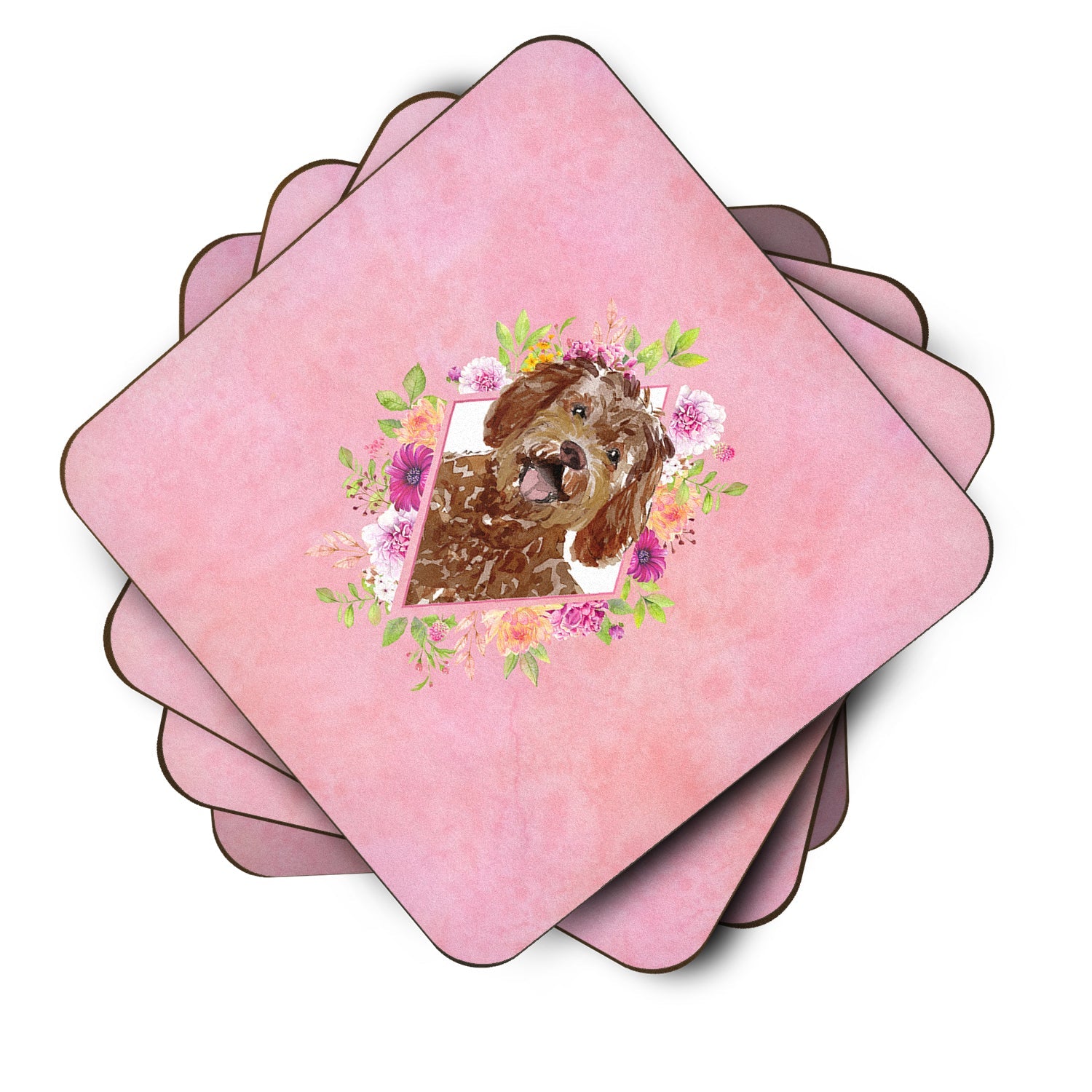Labradoodle Pink Flowers Foam Coasters Set of 4 Cup Coasters for Indoor Outdoor, Tabletop Protection, Anti Slip, Mouse pad Material