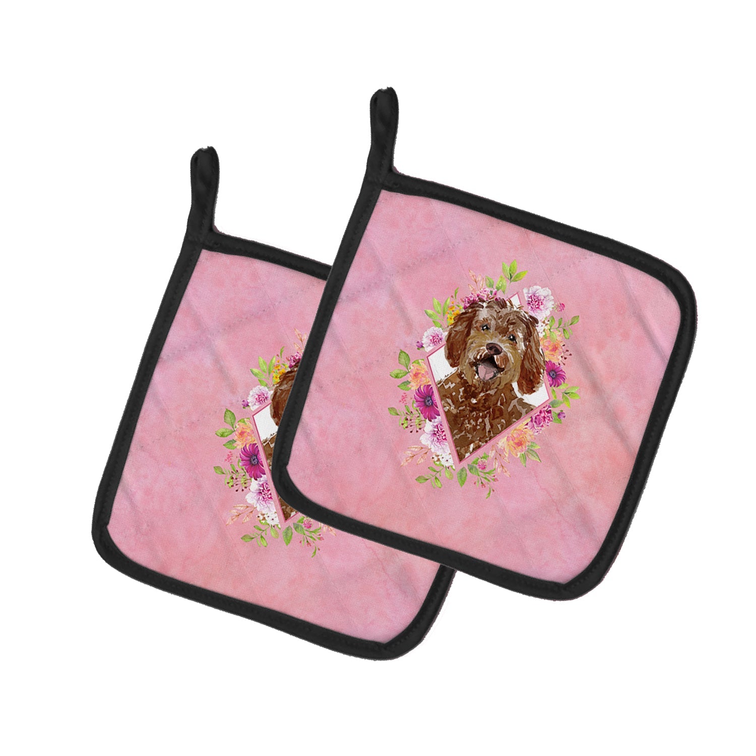 Labradoodle Pink Flowers Pot Holder Set of 2 Heat Resistant Quilted Hot Pads 7.5 x 7.5 Inch, Insulated Kitchen Trivets for Cooking & Baking