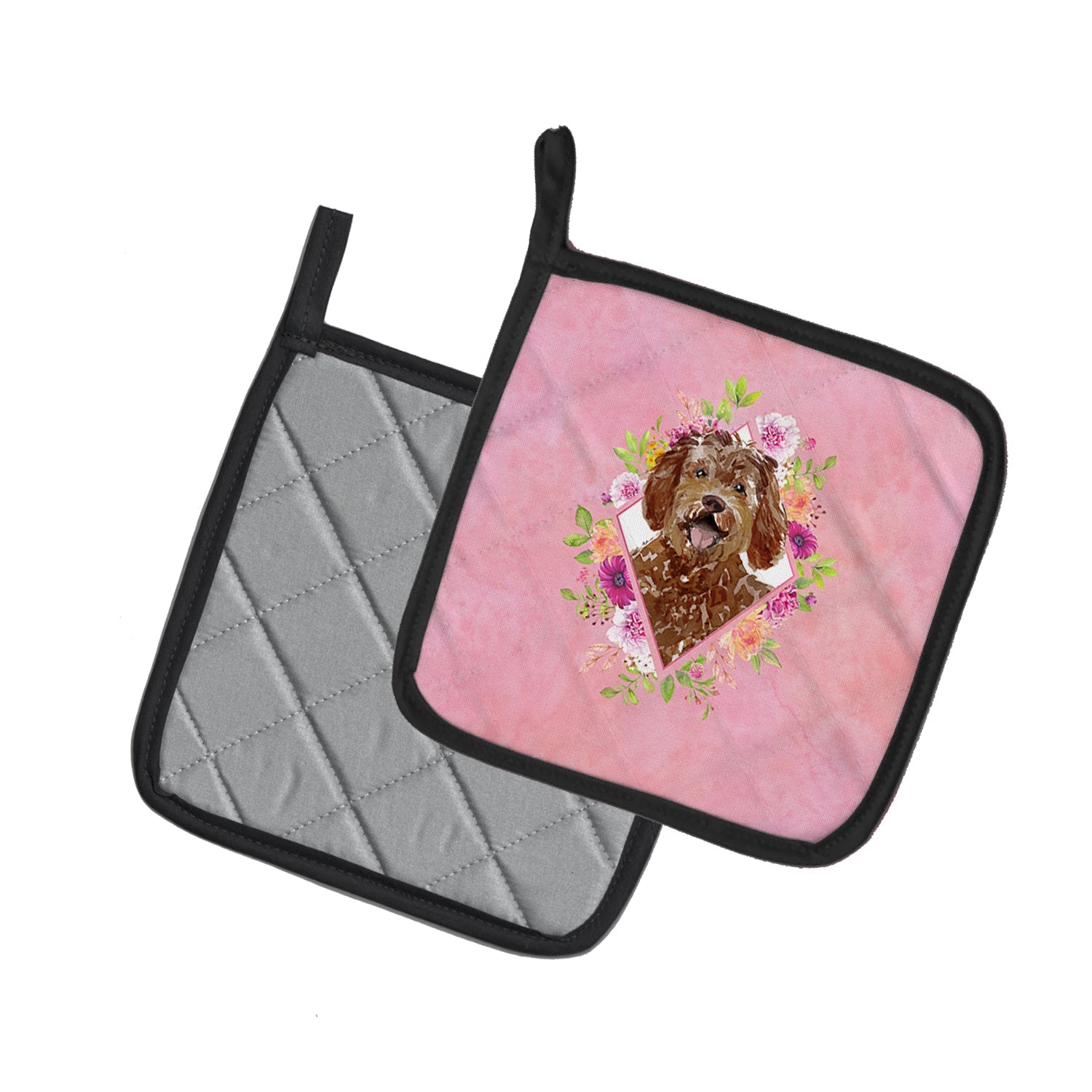 Labradoodle Pink Flowers Pot Holder Set of 2 Heat Resistant Quilted Hot Pads 7.5 x 7.5 Inch, Insulated Kitchen Trivets for Cooking & Baking