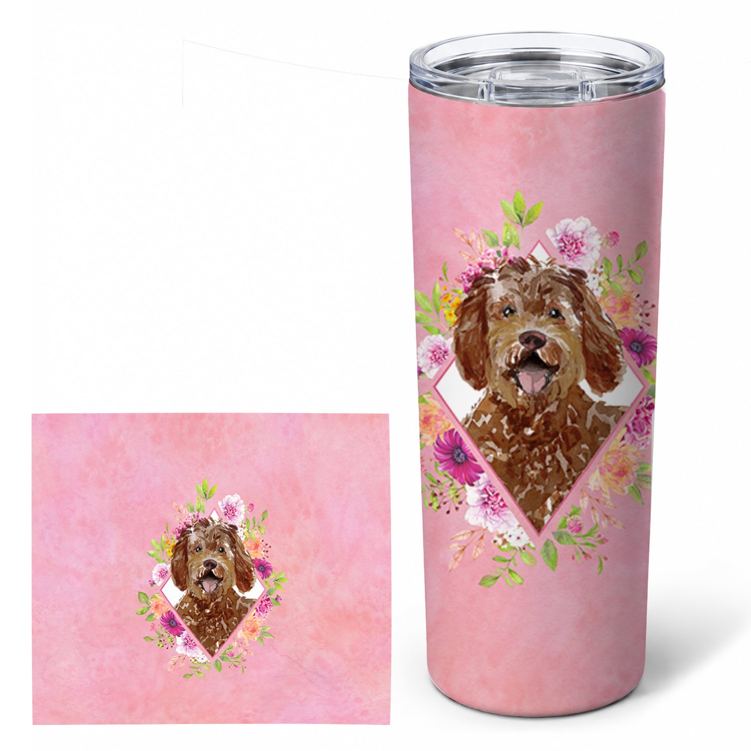 Labradoodle Pink Flowers Stainless Steel Skinny Tumbler 20 oz Vacuum Double Walled Reusable Insulated Travel Cup