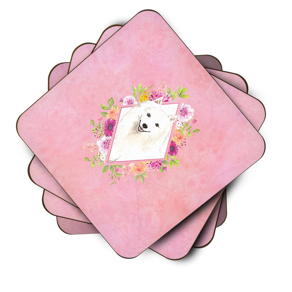 Japanese Spitz Pink Flowers Foam Coasters Set of 4 Cup Coasters for Indoor Outdoor, Tabletop Protection, Anti Slip, Mouse pad Material