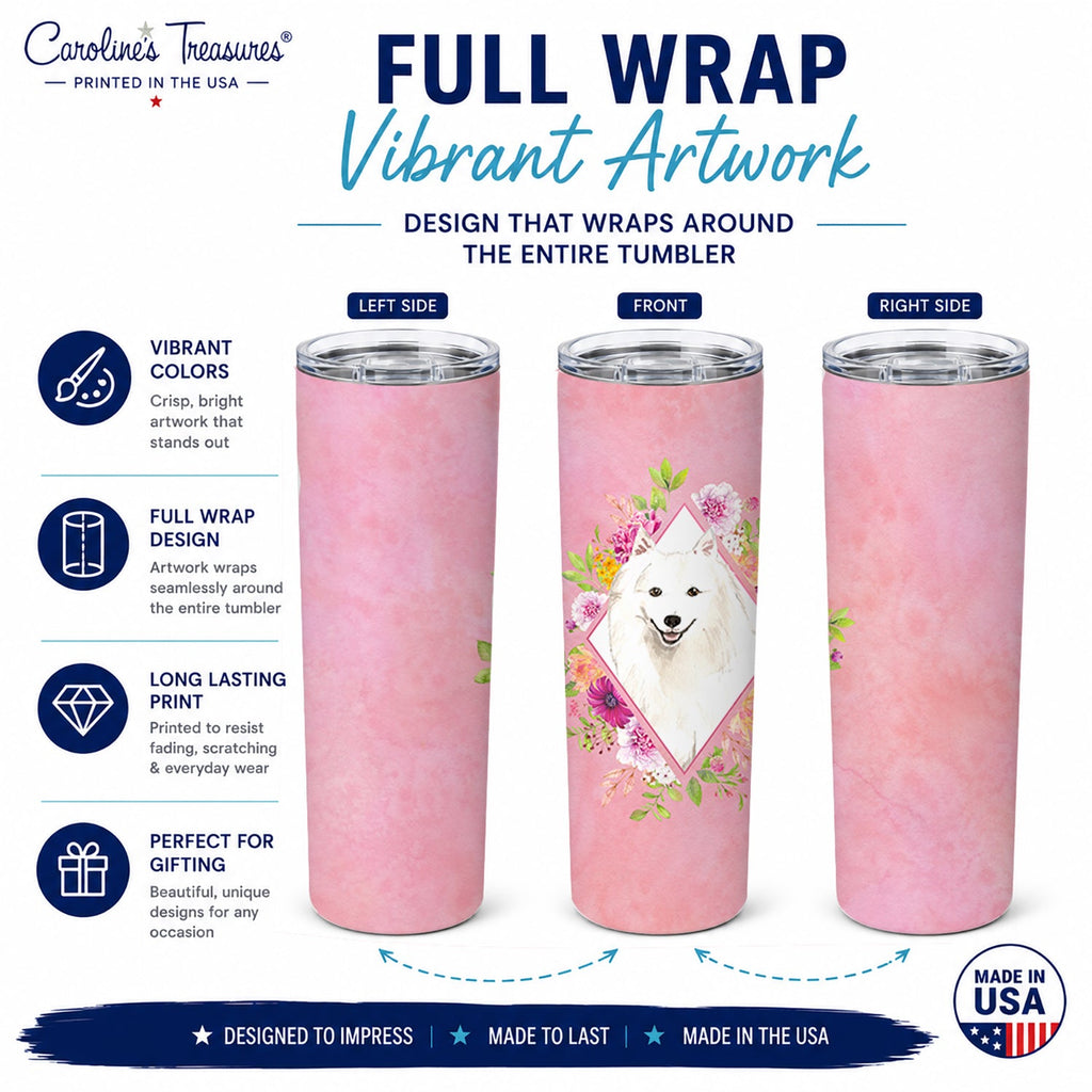 Japanese Spitz Pink Flowers Stainless Steel Skinny Tumbler 20 oz Vacuum Double Walled Reusable Insulated Travel Cup