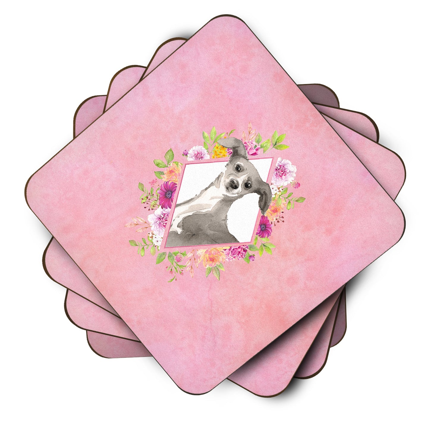 Italian Greyhound Pink Flowers Foam Coasters Set of 4 Cup Coasters for Indoor Outdoor, Tabletop Protection, Anti Slip, Mouse pad Material