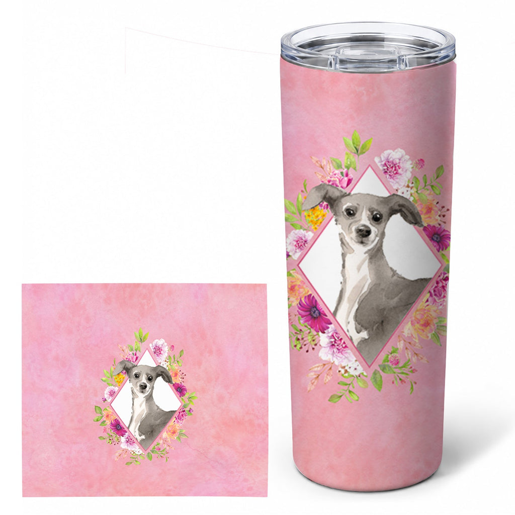 Italian Greyhound Pink Flowers Stainless Steel Skinny Tumbler 20 oz Vacuum Double Walled Reusable Insulated Travel Cup