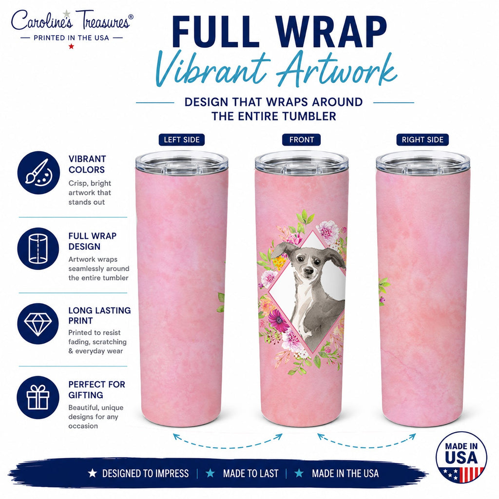 Italian Greyhound Pink Flowers Stainless Steel Skinny Tumbler 20 oz Vacuum Double Walled Reusable Insulated Travel Cup