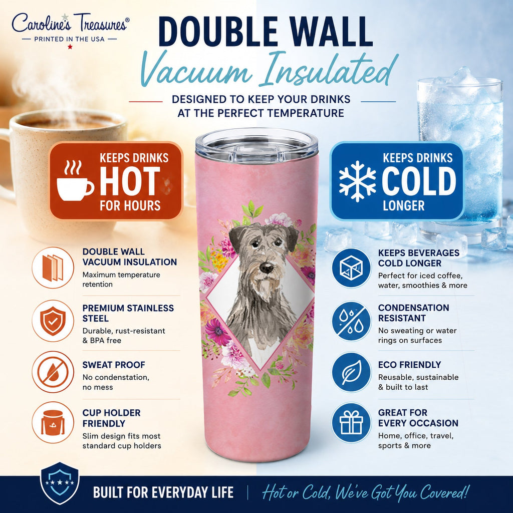 Irish Wolfhound Pink Flowers Stainless Steel Skinny Tumbler 20 oz Vacuum Double Walled Reusable Insulated Travel Cup