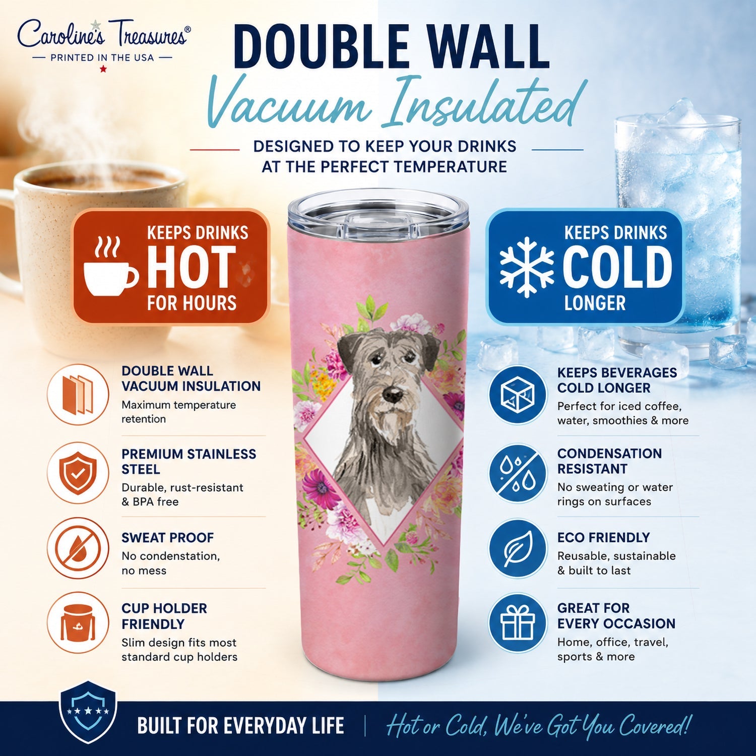 Irish Wolfhound Pink Flowers Stainless Steel Skinny Tumbler 20 oz Vacuum Double Walled Reusable Insulated Travel Cup