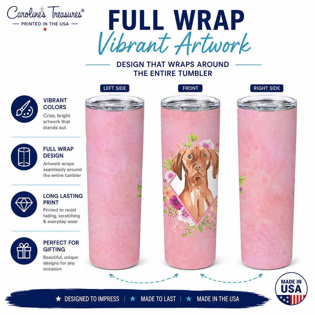 Vizsla Pink Flowers Stainless Steel Skinny Tumbler 20 oz Vacuum Double Walled Reusable Insulated Travel Cup