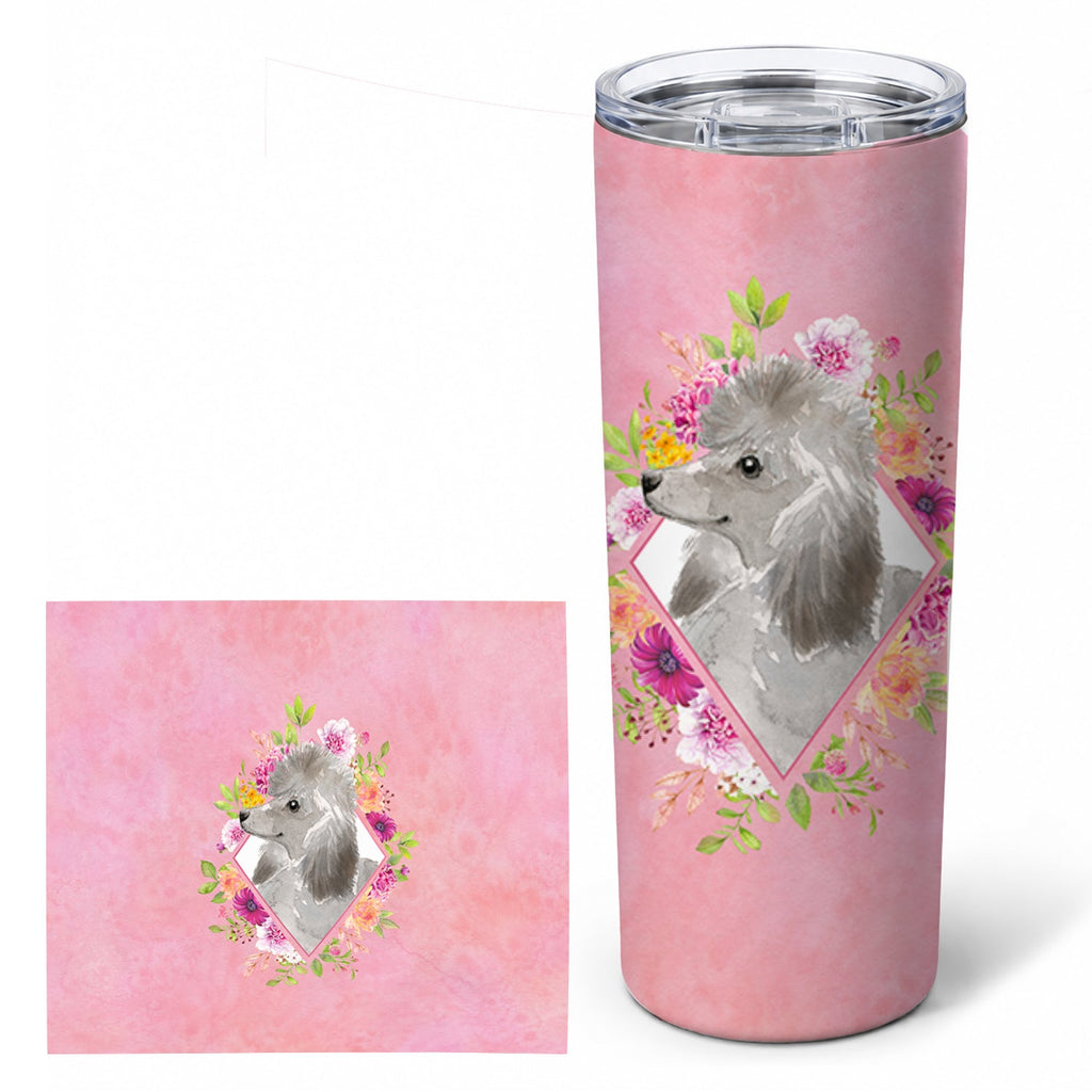 Grey Standard Poodle Pink Flowers Stainless Steel Skinny Tumbler 20 oz Vacuum Double Walled Reusable Insulated Travel Cup