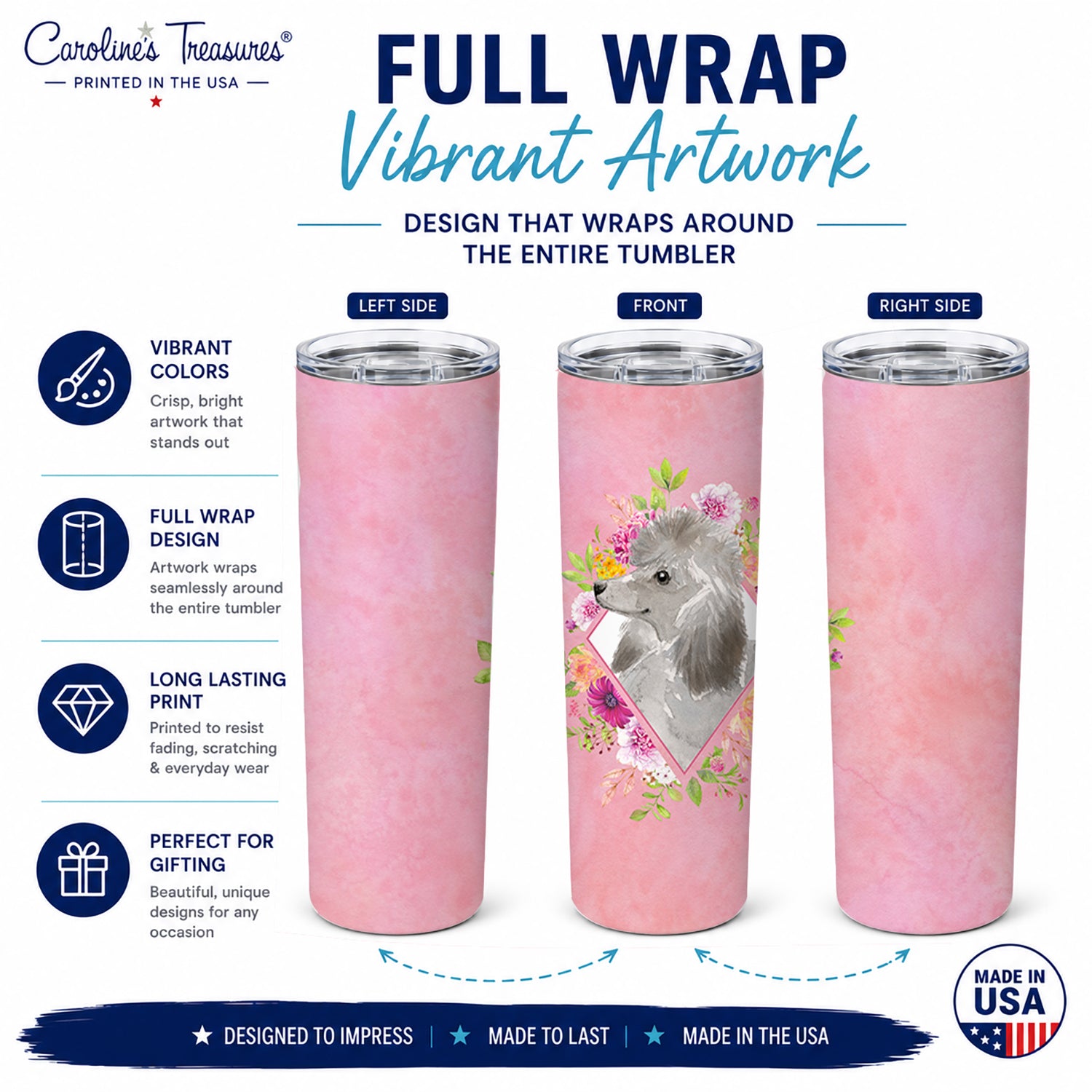 Grey Standard Poodle Pink Flowers Stainless Steel Skinny Tumbler 20 oz Vacuum Double Walled Reusable Insulated Travel Cup