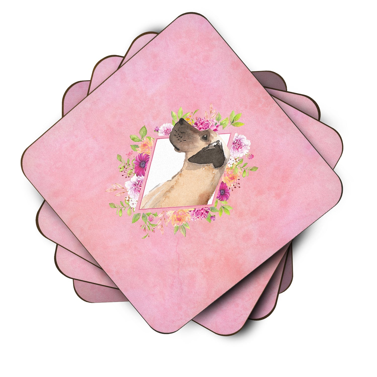 Fawn Great Dane Pink Flowers Foam Coasters Set of 4 Cup Coasters for Indoor Outdoor, Tabletop Protection, Anti Slip, Mouse pad Material