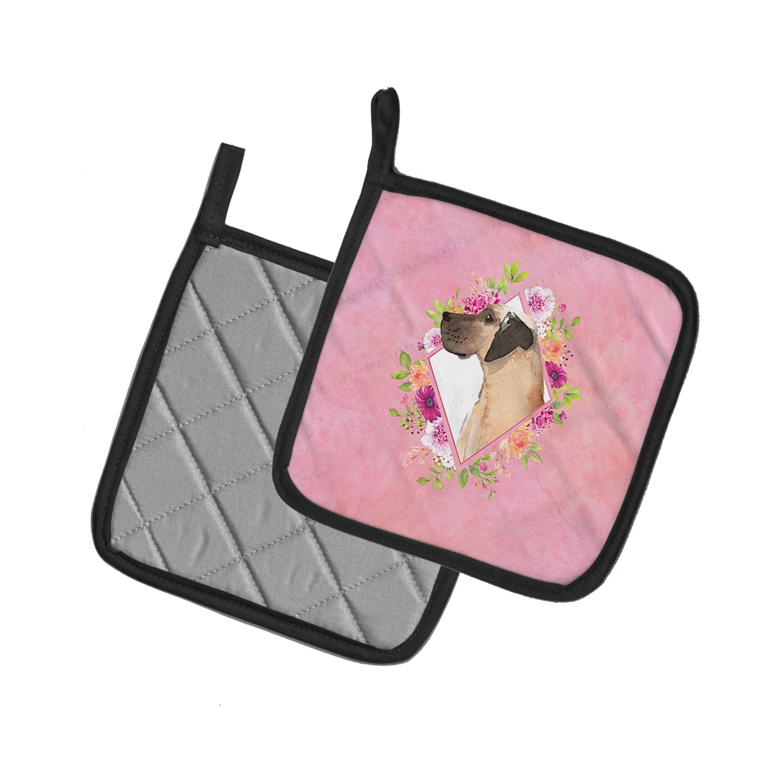 Fawn Great Dane Pink Flowers Pot Holder Set of 2 Heat Resistant Quilted Hot Pads 7.5 x 7.5 Inch, Insulated Kitchen Trivets for Cooking & Baking