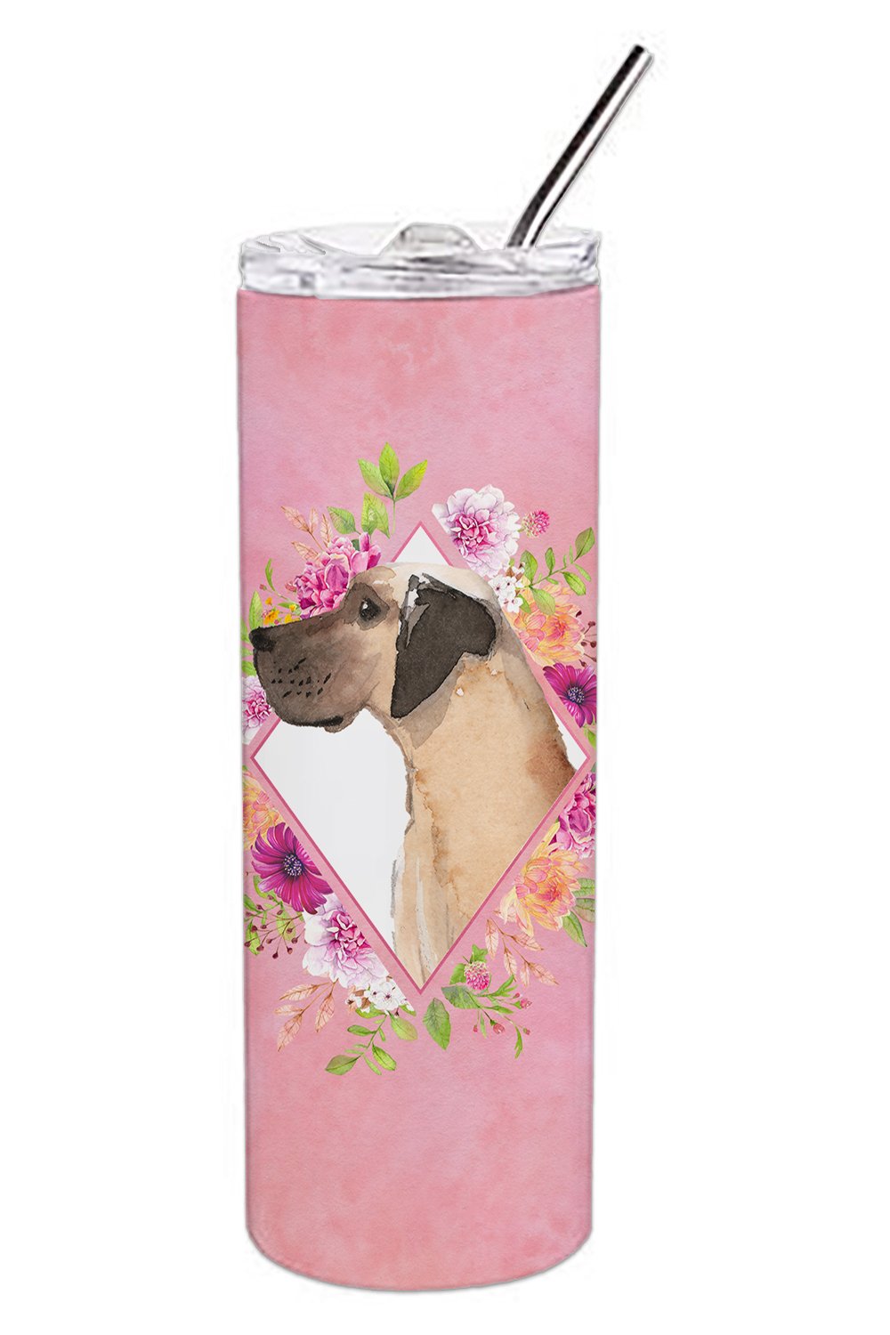 Fawn Great Dane Pink Flowers Stainless Steel Skinny Tumbler 20 oz Vacuum Double Walled Reusable Insulated Travel Cup