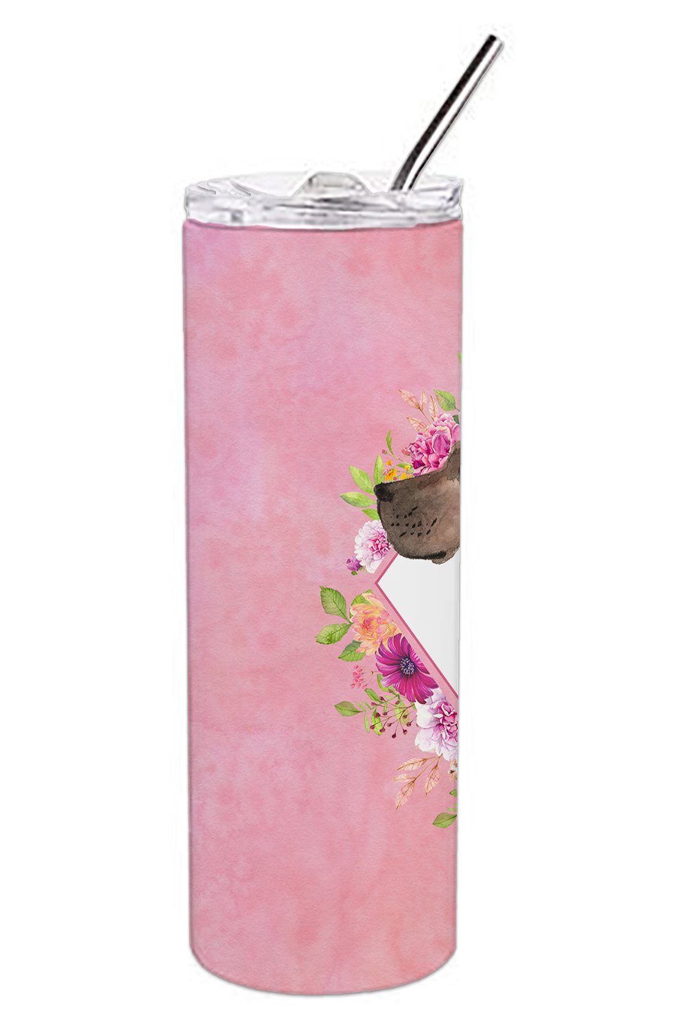Fawn Great Dane Pink Flowers Stainless Steel Skinny Tumbler 20 oz Vacuum Double Walled Reusable Insulated Travel Cup