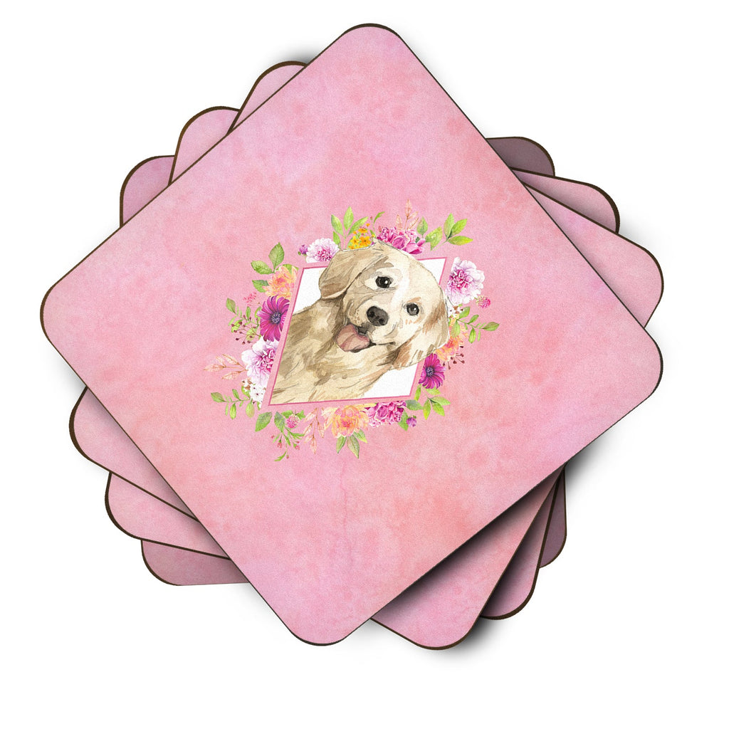 Golden Retriever Pink Flowers Foam Coasters Set of 4 Cup Coasters for Indoor Outdoor, Tabletop Protection, Anti Slip, Mouse pad Material