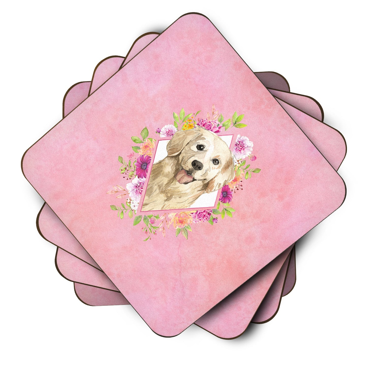 Golden Retriever Pink Flowers Foam Coasters Set of 4 Cup Coasters for Indoor Outdoor, Tabletop Protection, Anti Slip, Mouse pad Material
