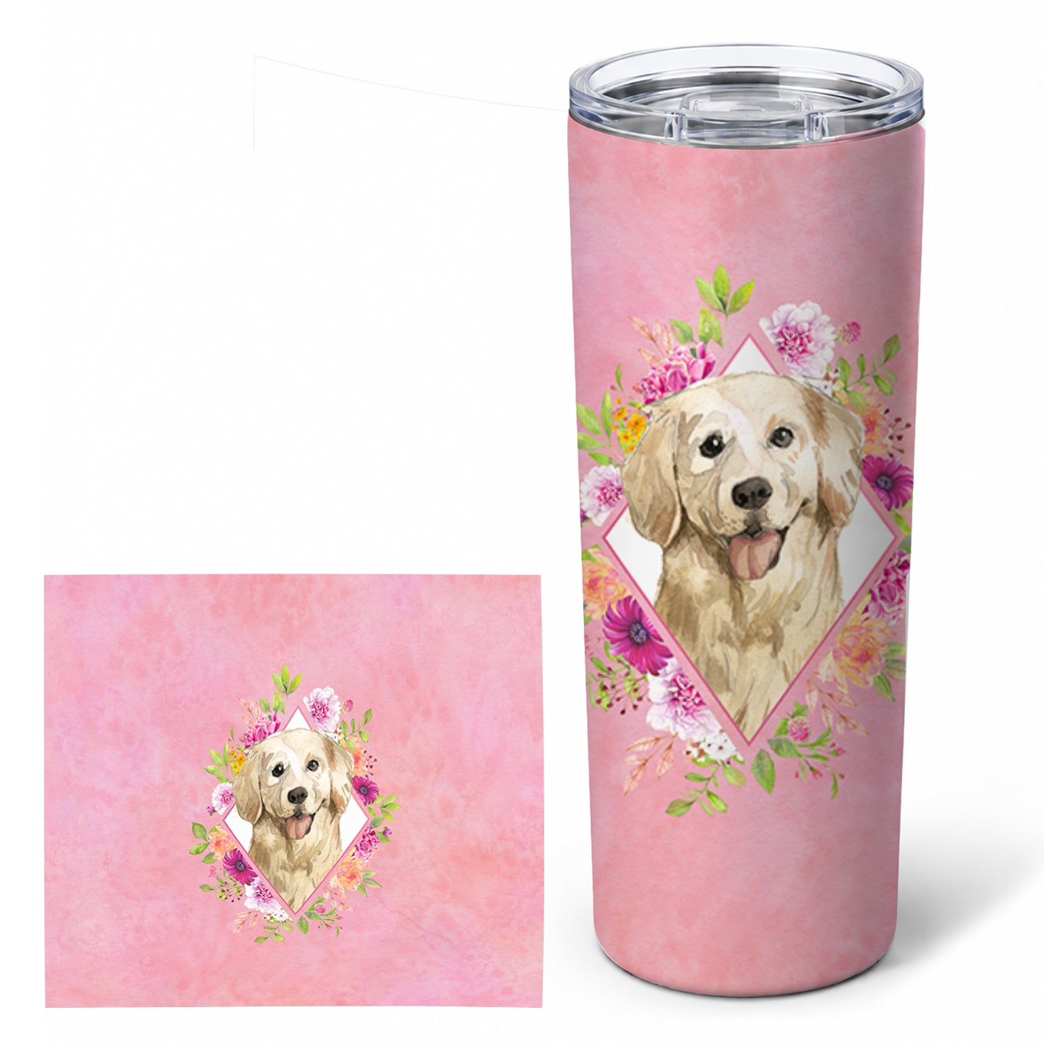 Golden Retriever Pink Flowers Stainless Steel Skinny Tumbler 20 oz Vacuum Double Walled Reusable Insulated Travel Cup