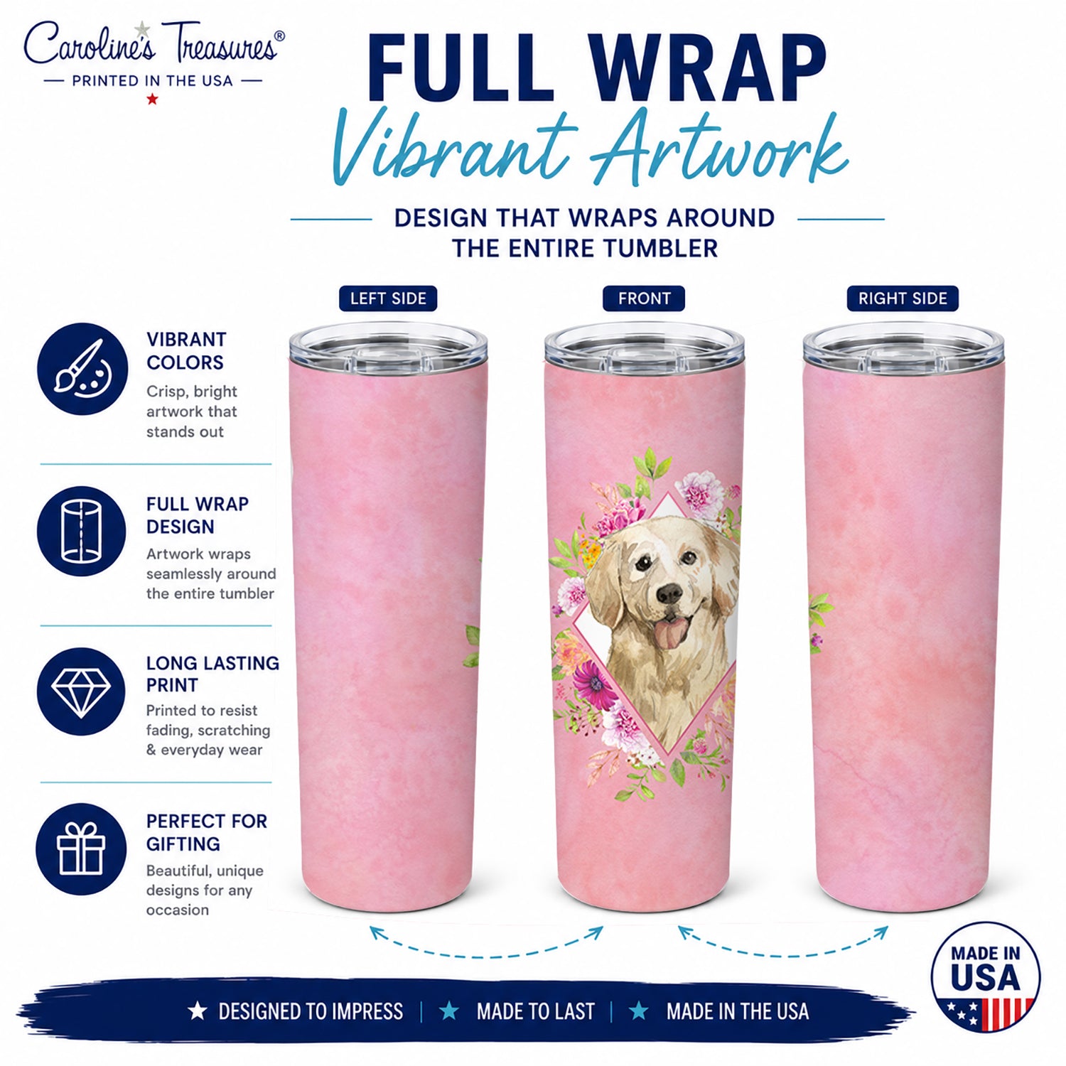 Golden Retriever Pink Flowers Stainless Steel Skinny Tumbler 20 oz Vacuum Double Walled Reusable Insulated Travel Cup