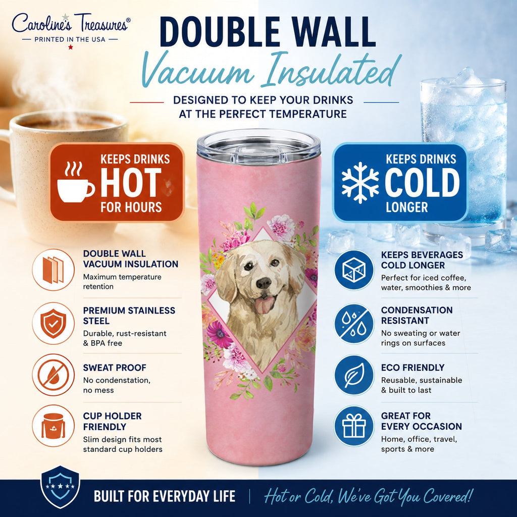 Golden Retriever Pink Flowers Stainless Steel Skinny Tumbler 20 oz Vacuum Double Walled Reusable Insulated Travel Cup