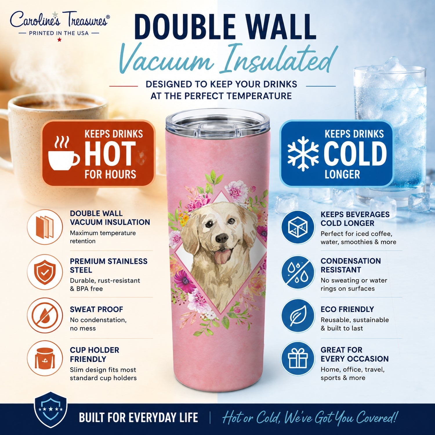 Golden Retriever Pink Flowers Stainless Steel Skinny Tumbler 20 oz Vacuum Double Walled Reusable Insulated Travel Cup