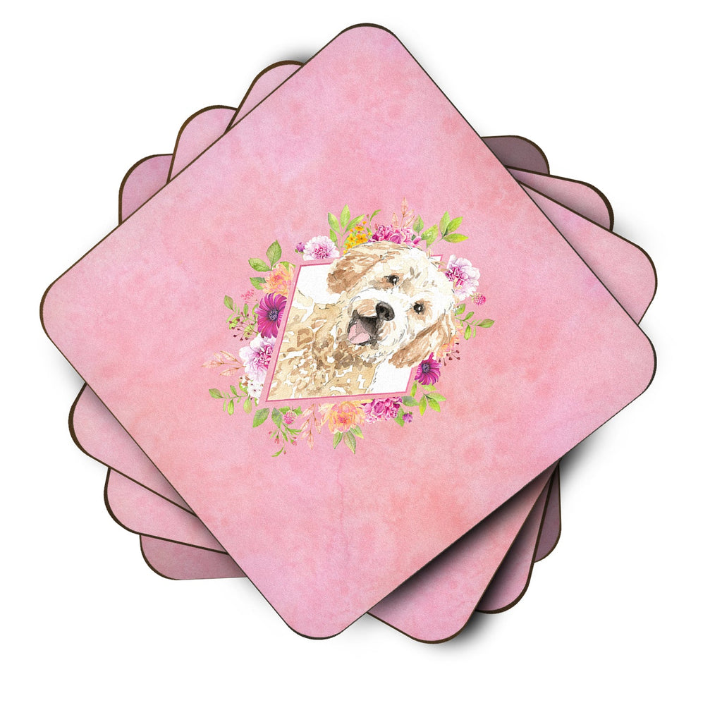 Goldendoodle Pink Flowers Foam Coasters Set of 4 Cup Coasters for Indoor Outdoor, Tabletop Protection, Anti Slip, Mouse pad Material