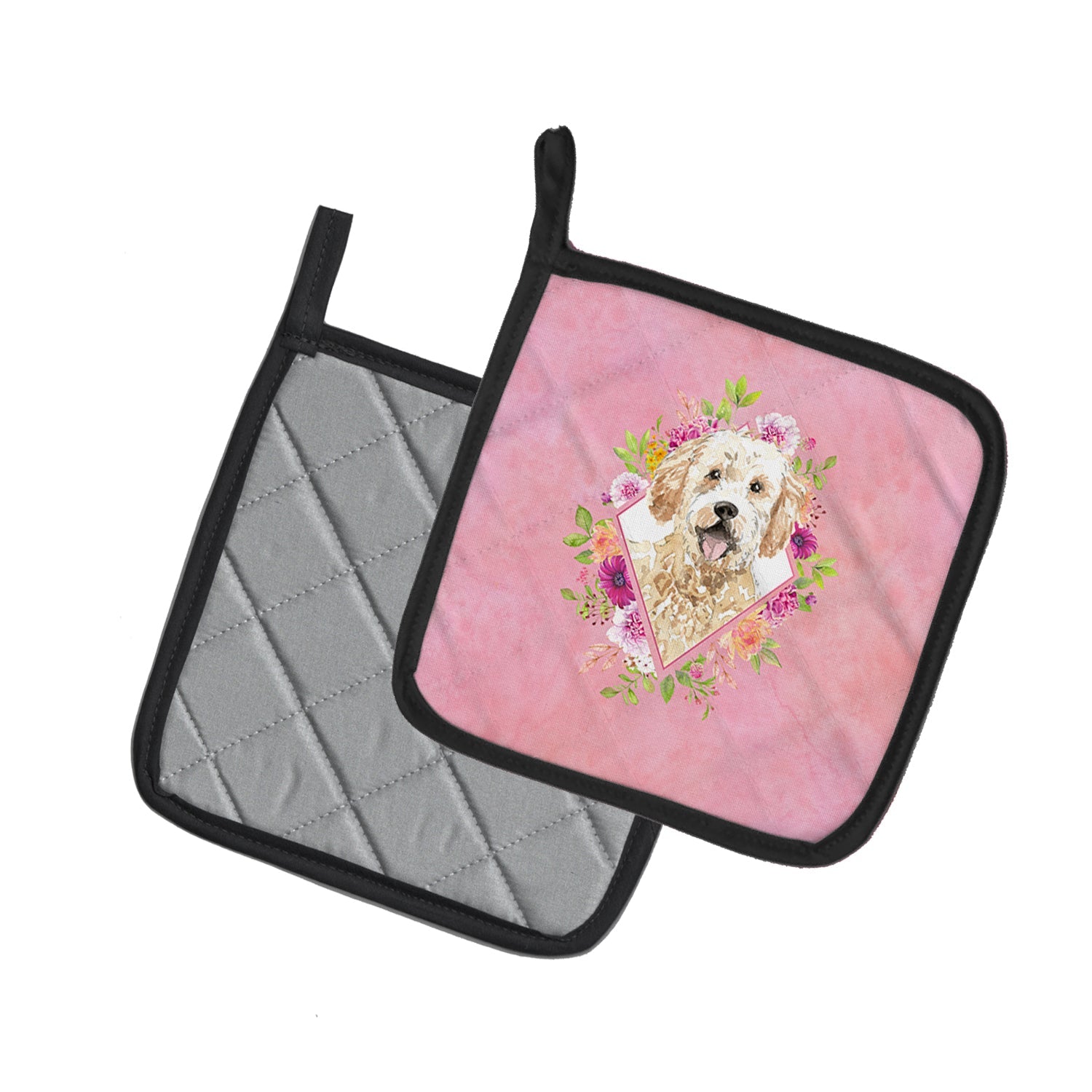 Goldendoodle Pink Flowers Pot Holder Set of 2 Heat Resistant Quilted Hot Pads 7.5 x 7.5 Inch, Insulated Kitchen Trivets for Cooking & Baking