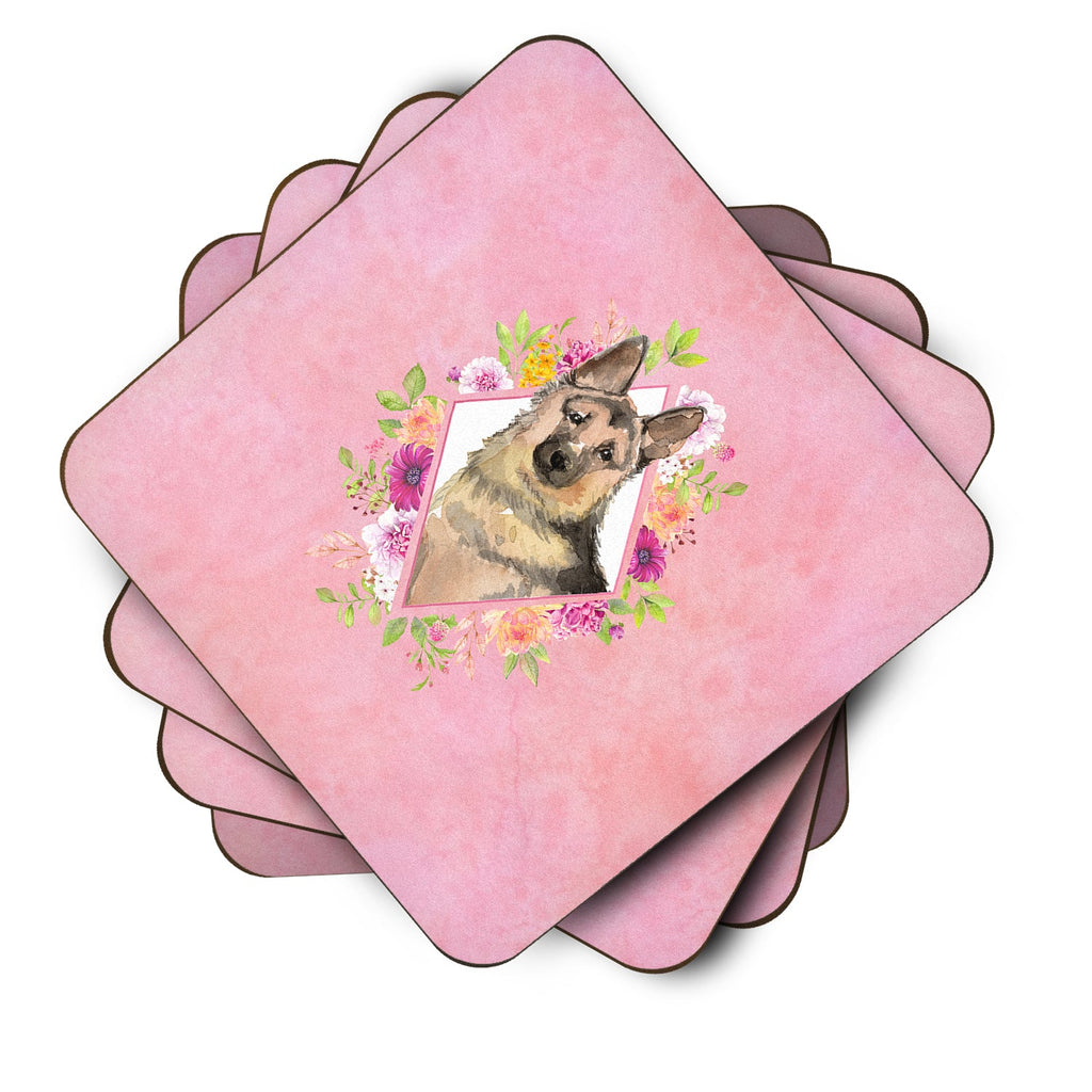 German Shepherd Pink Flowers Foam Coasters Set of 4 Cup Coasters for Indoor Outdoor, Tabletop Protection, Anti Slip, Mouse pad Material