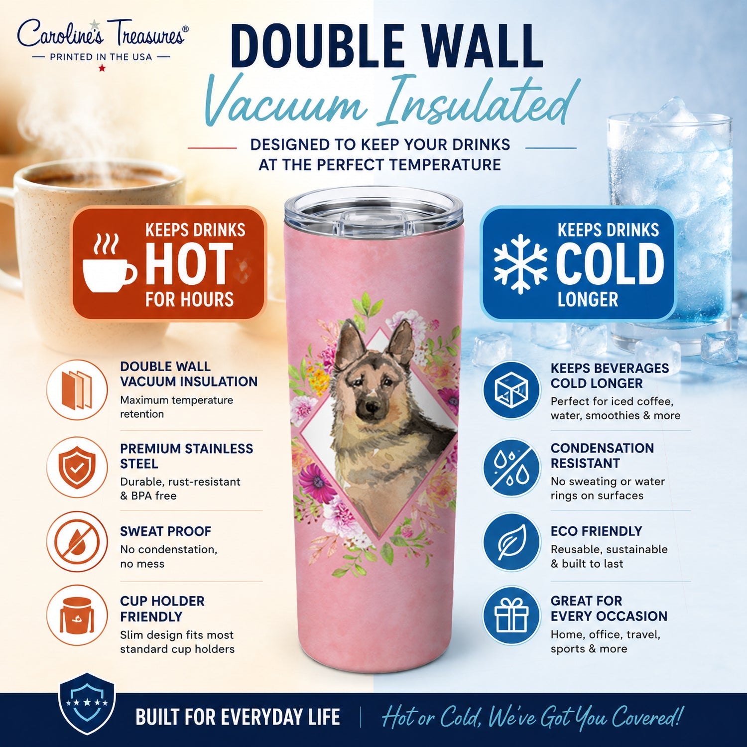 German Shepherd Pink Flowers Stainless Steel Skinny Tumbler 20 oz Vacuum Double Walled Reusable Insulated Travel Cup