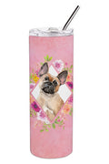 Fawn French Bulldog Pink Flowers Stainless Steel Skinny Tumbler 20 oz Vacuum Double Walled Reusable Insulated Travel Cup
