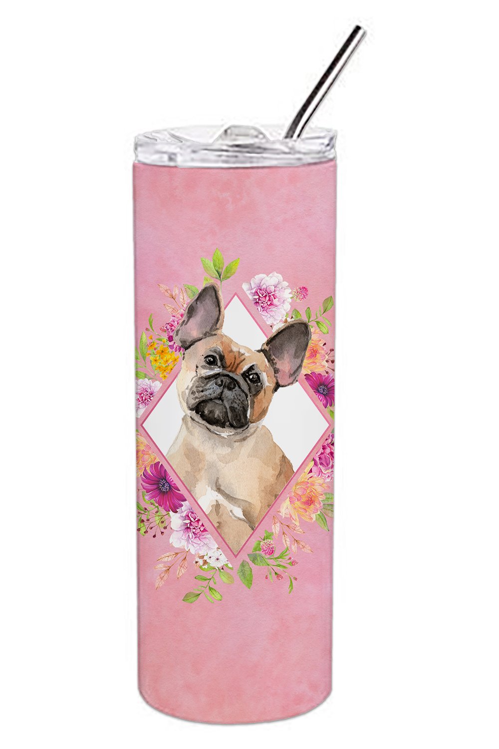 Fawn French Bulldog Pink Flowers Stainless Steel Skinny Tumbler 20 oz Vacuum Double Walled Reusable Insulated Travel Cup