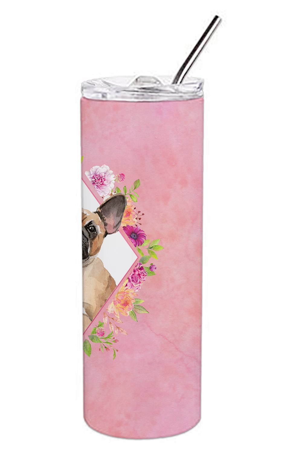 Fawn French Bulldog Pink Flowers Stainless Steel Skinny Tumbler 20 oz Vacuum Double Walled Reusable Insulated Travel Cup
