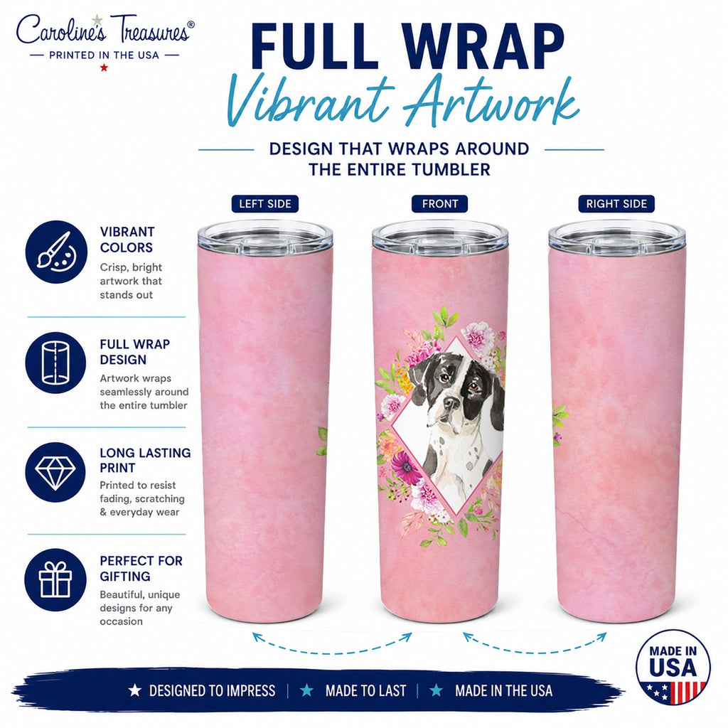 English Pointer Pink Flowers Stainless Steel Skinny Tumbler 20 oz Vacuum Double Walled Reusable Insulated Travel Cup
