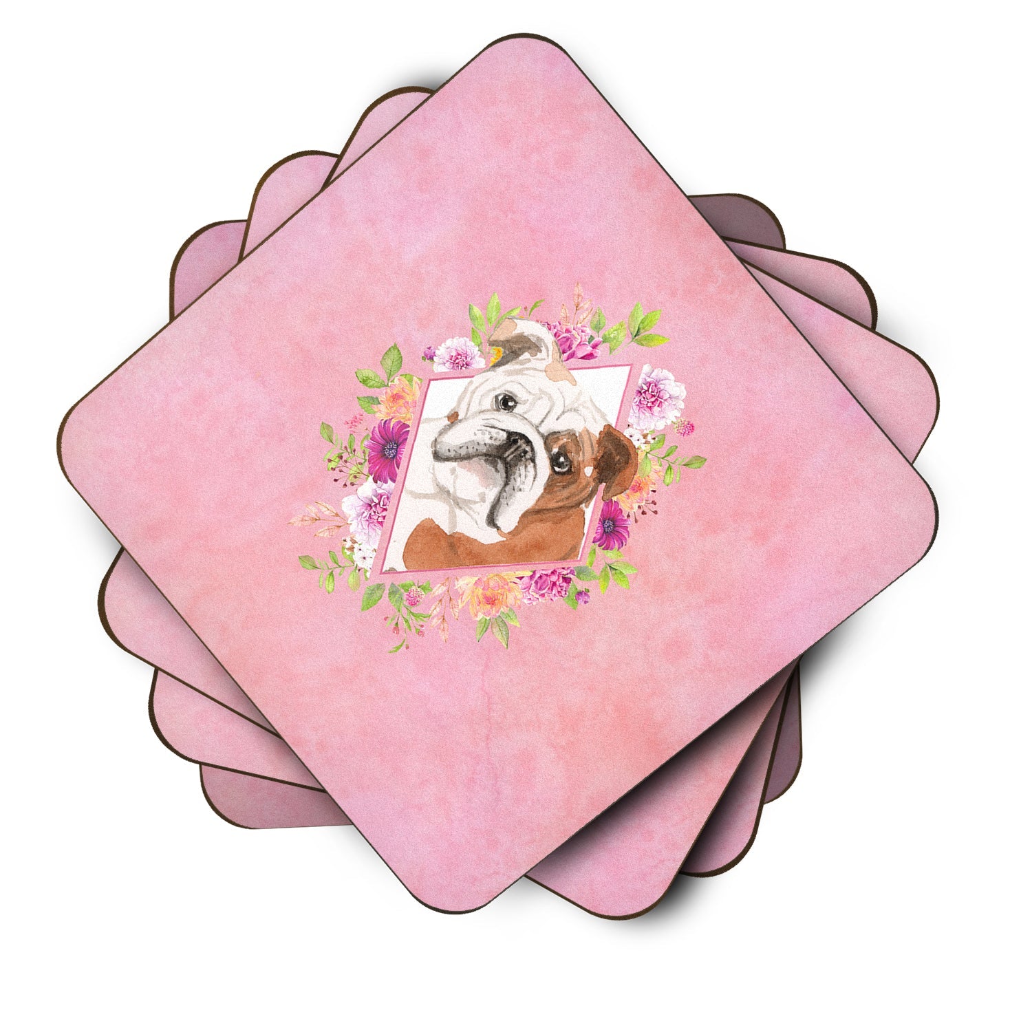 English Bulldog Pink Flowers Foam Coasters Set of 4 Cup Coasters for Indoor Outdoor, Tabletop Protection, Anti Slip, Mouse pad Material