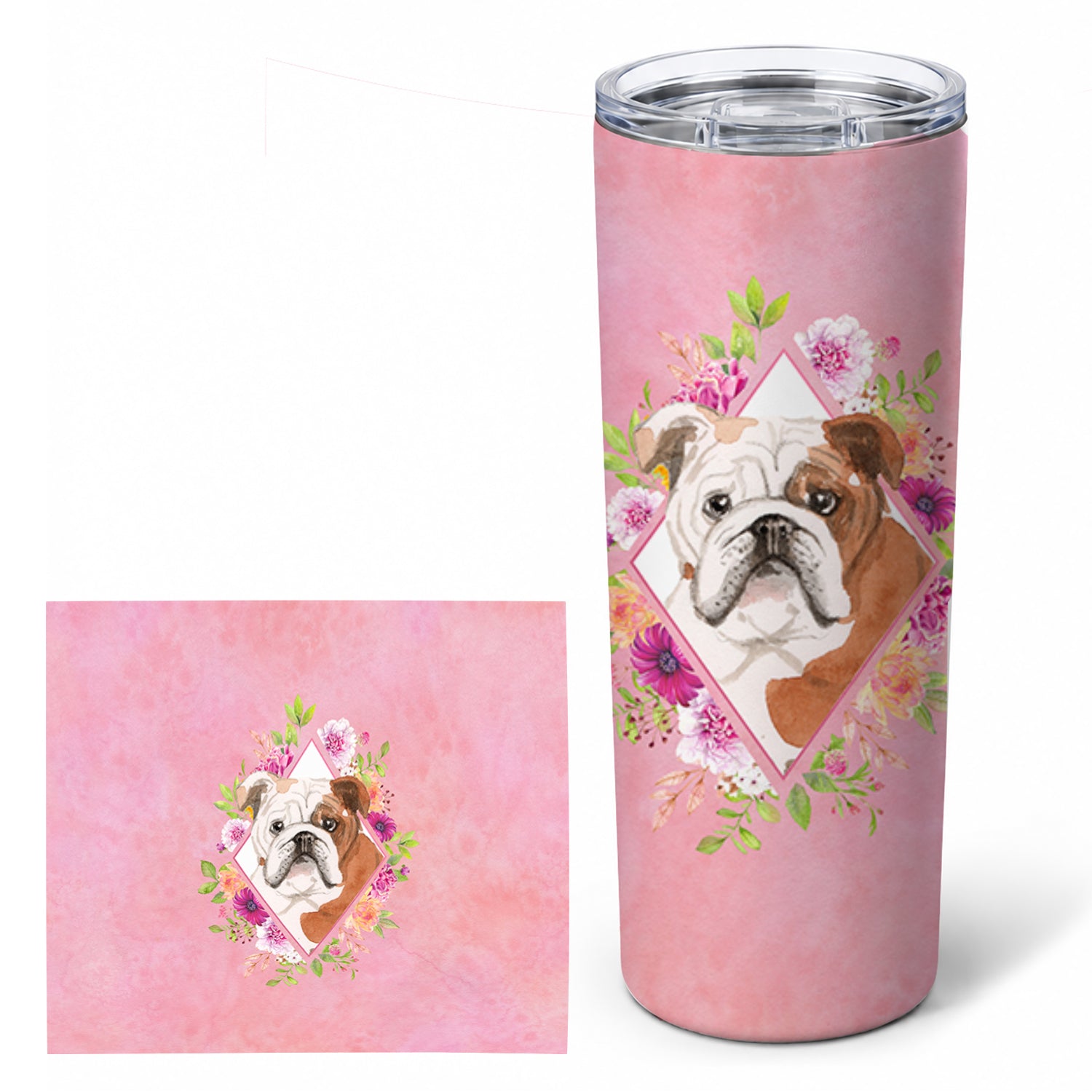 English Bulldog Pink Flowers Stainless Steel Skinny Tumbler 20 oz Vacuum Double Walled Reusable Insulated Travel Cup