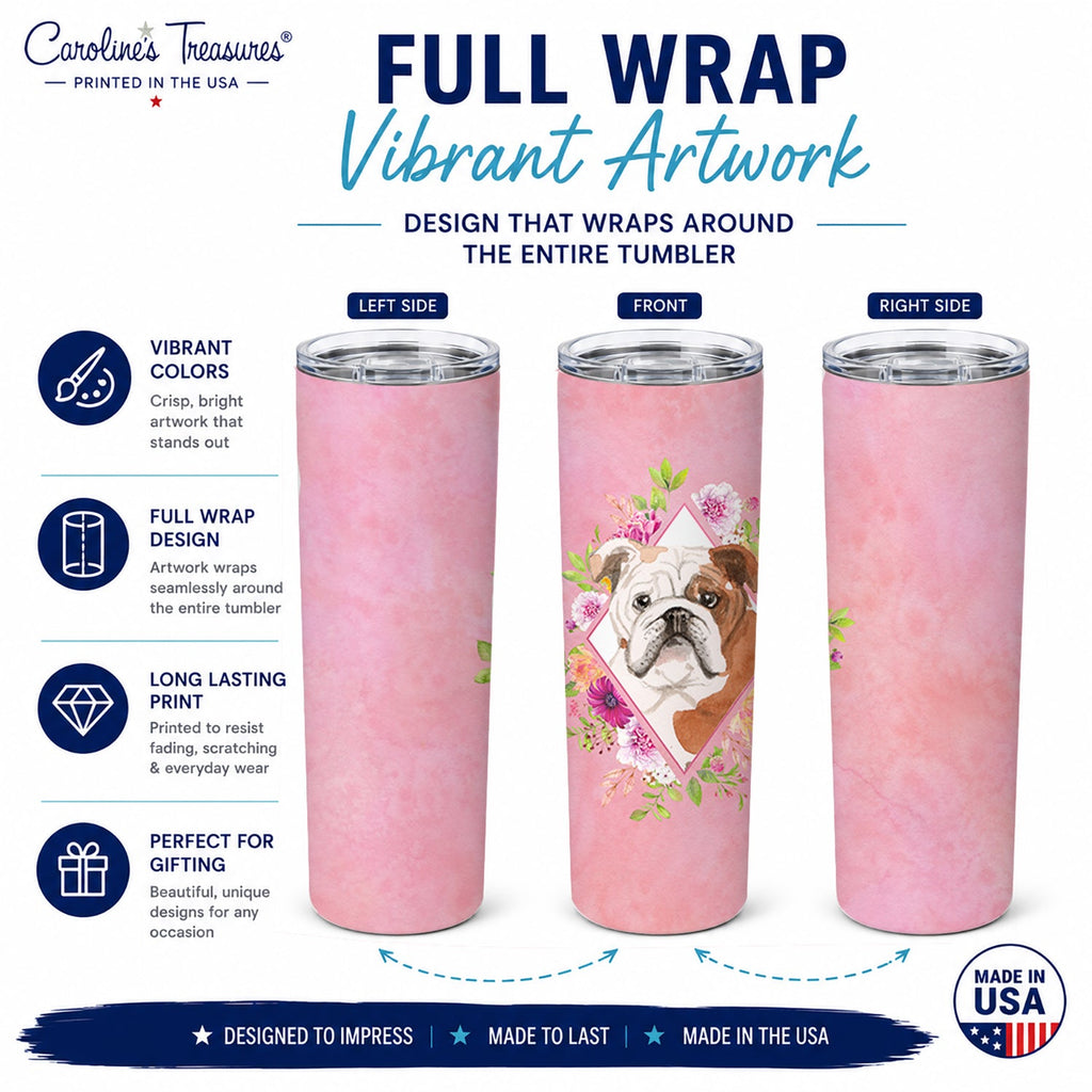 English Bulldog Pink Flowers Stainless Steel Skinny Tumbler 20 oz Vacuum Double Walled Reusable Insulated Travel Cup
