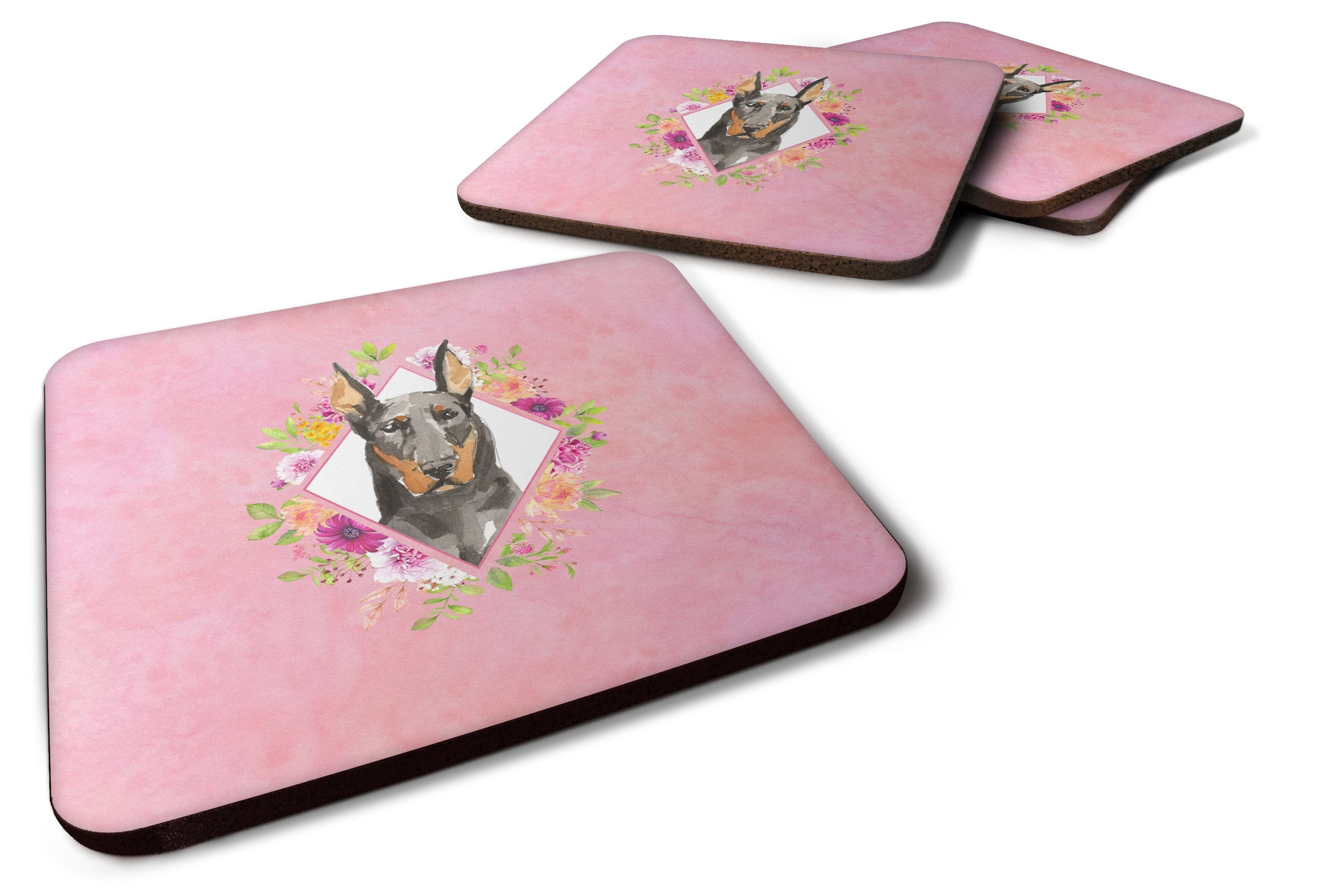 Doberman Pinsher Pink Flowers Foam Coasters Set of 4 Cup Coasters for Indoor Outdoor, Tabletop Protection, Anti Slip, Mouse pad Material