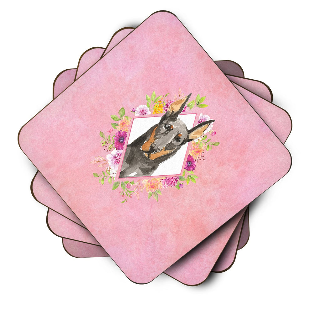 Doberman Pinsher Pink Flowers Foam Coasters Set of 4 Cup Coasters for Indoor Outdoor, Tabletop Protection, Anti Slip, Mouse pad Material