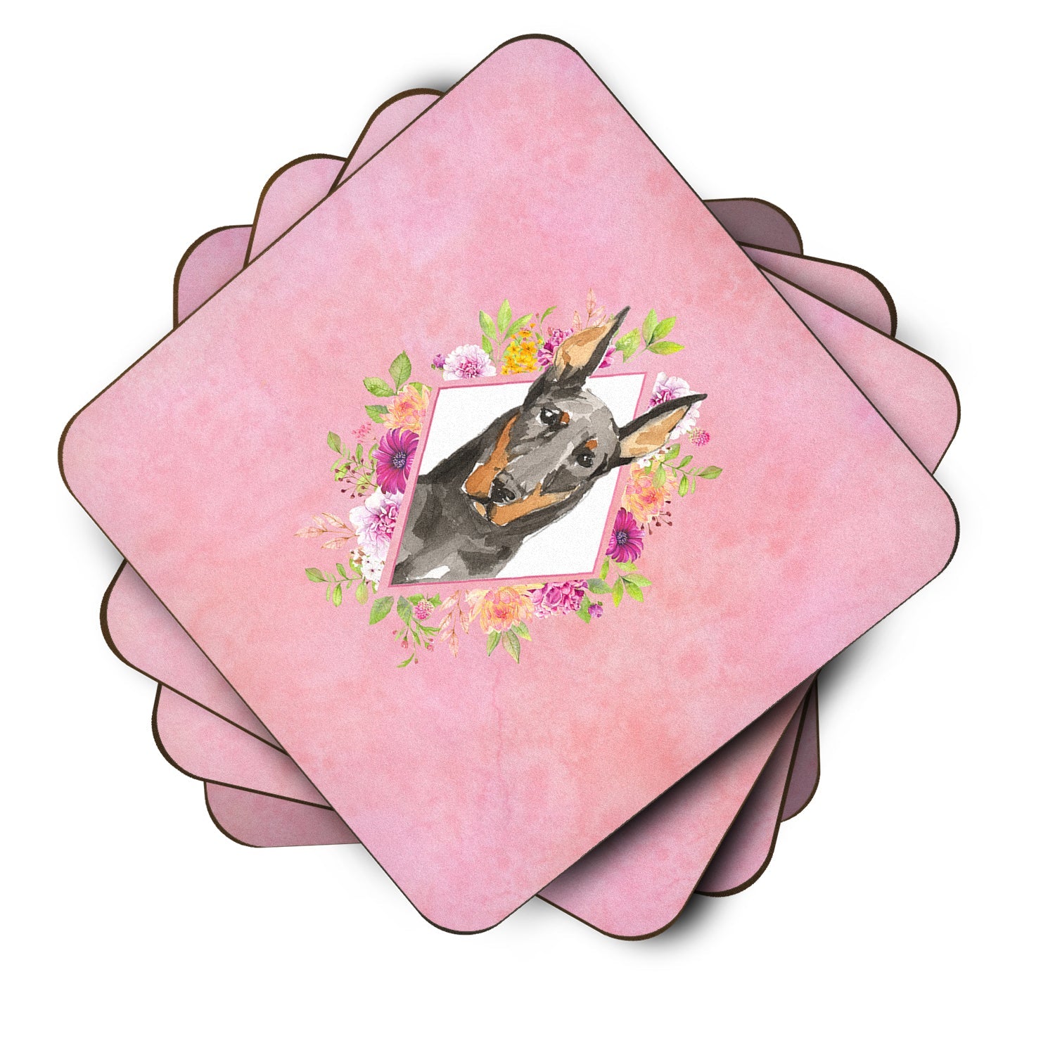Doberman Pinsher Pink Flowers Foam Coasters Set of 4 Cup Coasters for Indoor Outdoor, Tabletop Protection, Anti Slip, Mouse pad Material