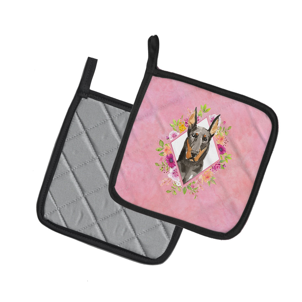 Doberman Pinsher Pink Flowers Pot Holder Set of 2 Heat Resistant Quilted Hot Pads 7.5 x 7.5 Inch, Insulated Kitchen Trivets for Cooking & Baking