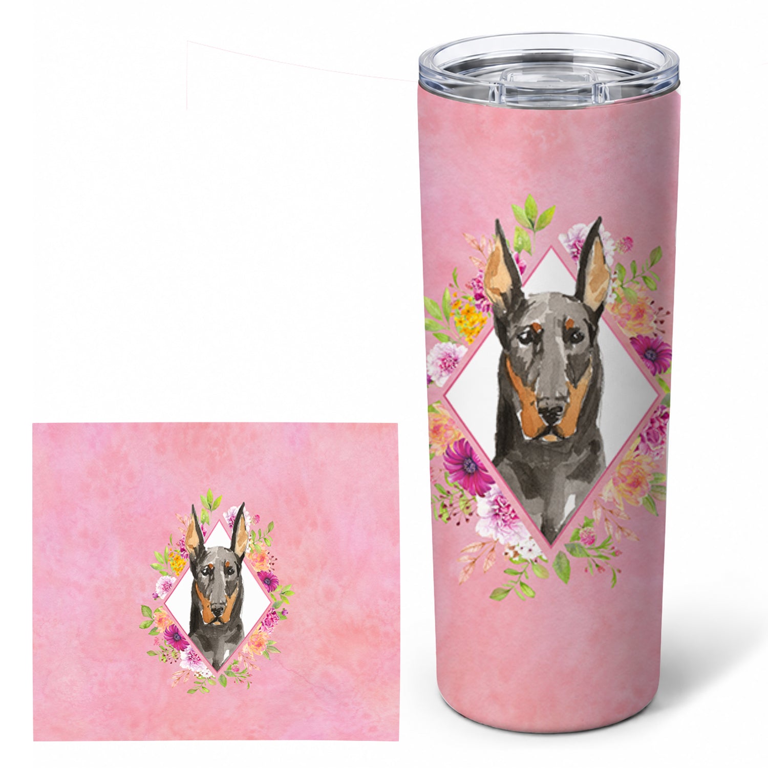 Doberman Pinsher Pink Flowers Stainless Steel Skinny Tumbler 20 oz Vacuum Double Walled Reusable Insulated Travel Cup
