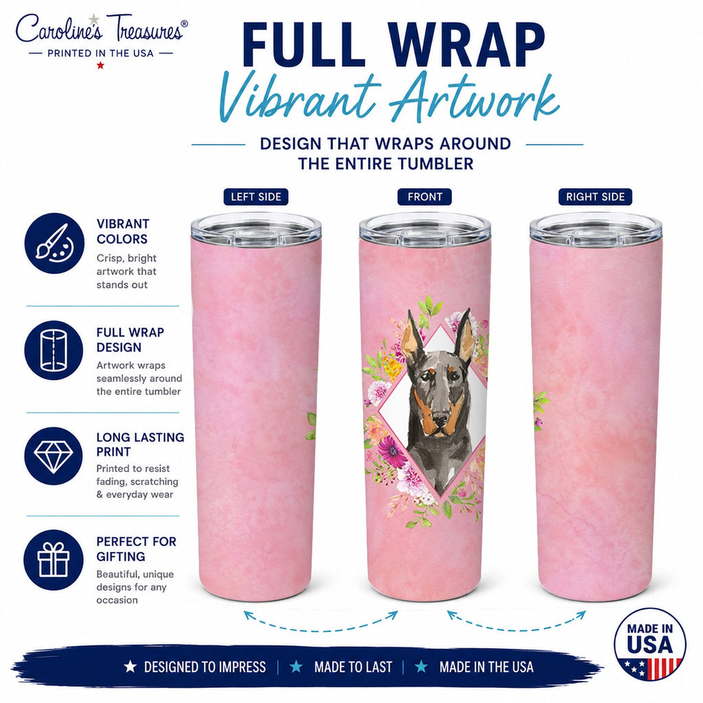 Doberman Pinsher Pink Flowers Stainless Steel Skinny Tumbler 20 oz Vacuum Double Walled Reusable Insulated Travel Cup