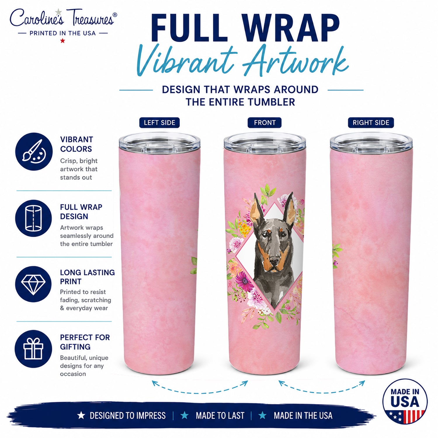 Doberman Pinsher Pink Flowers Stainless Steel Skinny Tumbler 20 oz Vacuum Double Walled Reusable Insulated Travel Cup